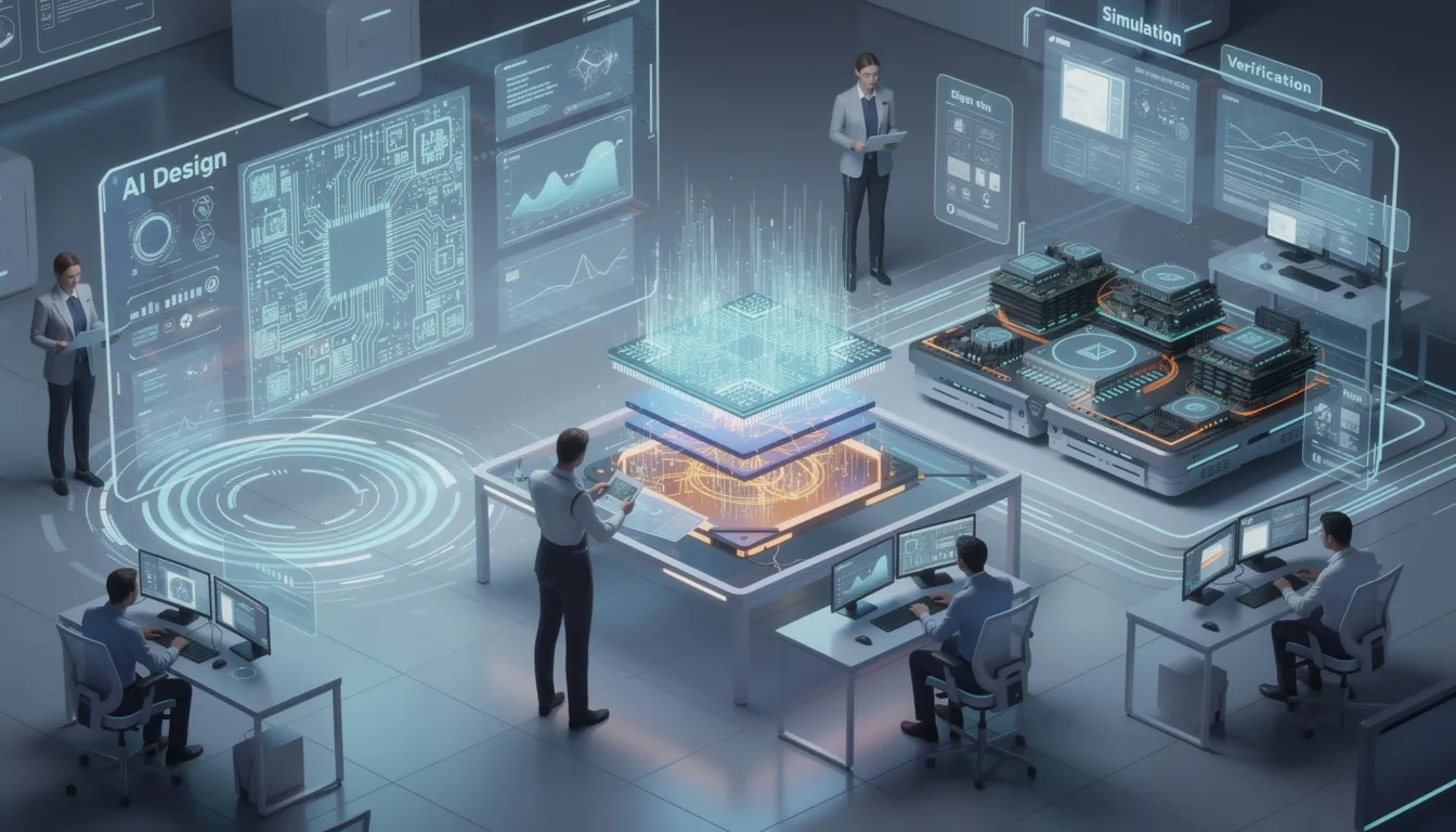 The image depicts a collaborative environment where chip designers utilize advanced electronic design automation (EDA) tools and AI-driven design software from Nvidia and Synopsys to create complex computer chips. This strategic partnership aims to enhance the chip design process by enabling simulation and verification of fully functional digital twins and virtual replicas, ultimately leading to greater precision and efficiency in the semiconductor industry.