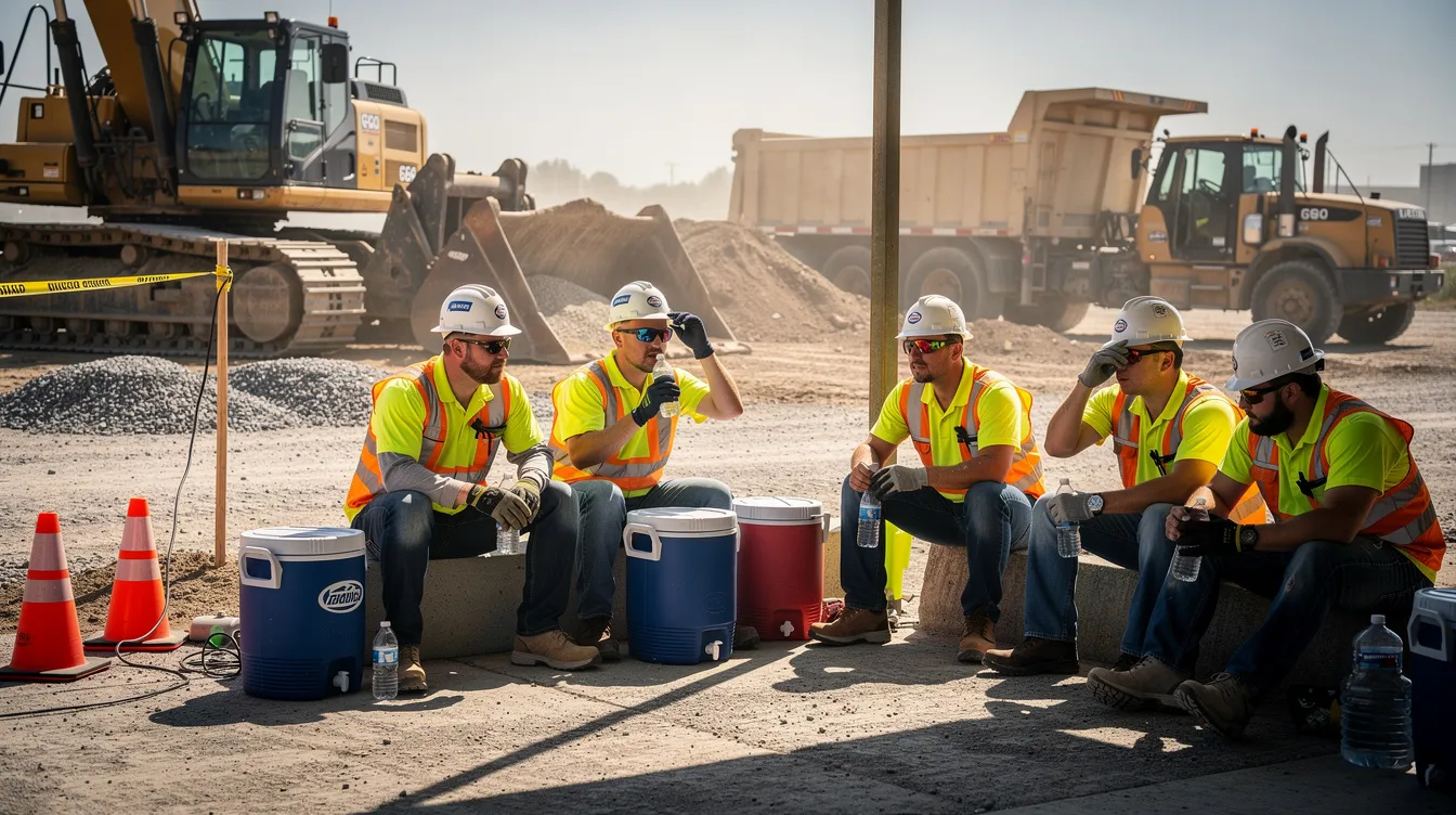A group of construction workers wearing high-visibility gear are taking a break in the shade next to heavy equipment on a hot day, focusing on safety compliance and hydration. This moment highlights the importance of skilled labor and effective workforce planning in managing productivity on infrastructure projects.