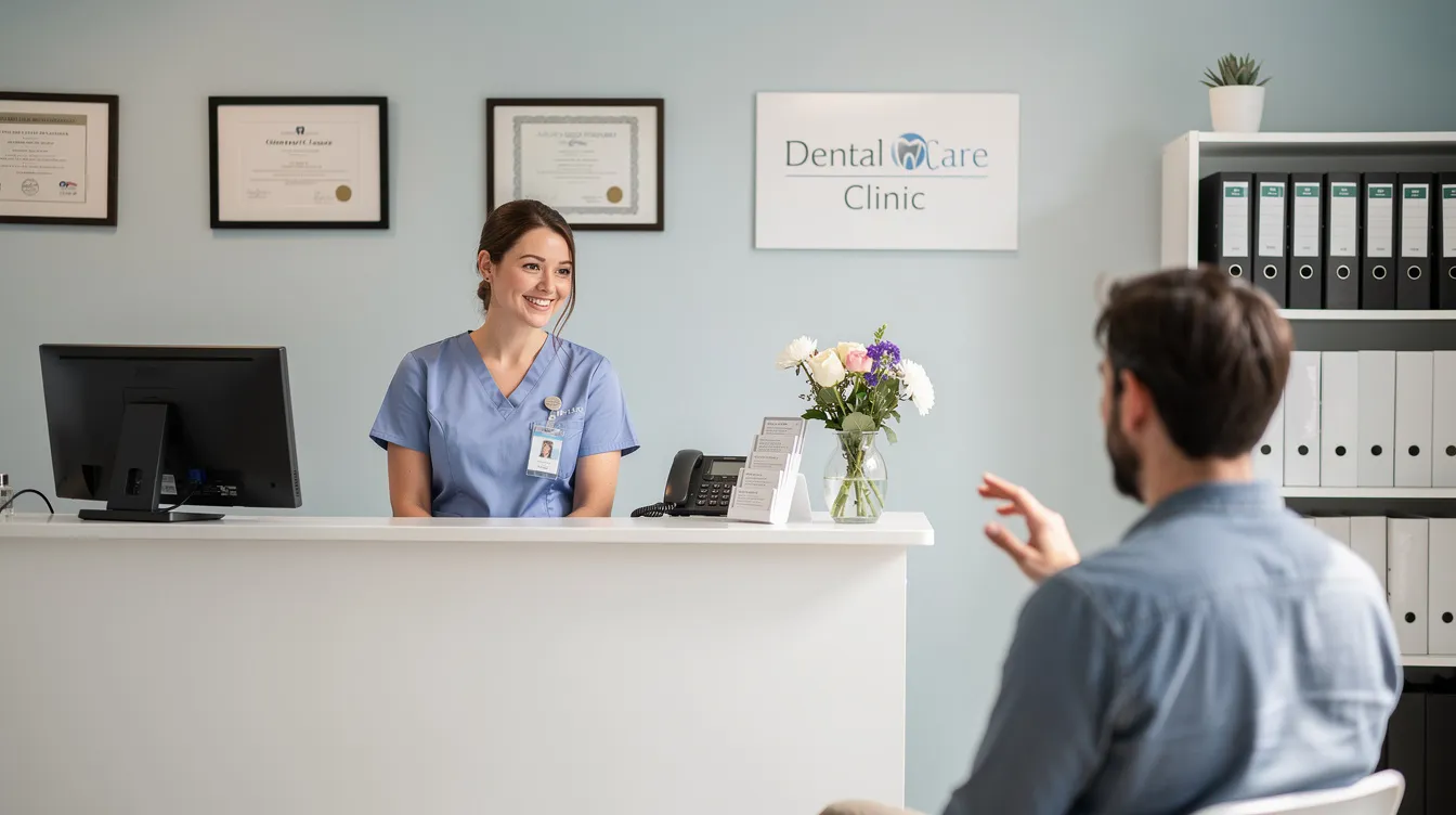 The image depicts a calm and organized dental reception desk where a smiling receptionist warmly greets a patient, creating a welcoming atmosphere that enhances patient satisfaction. The setting reflects a professional dental practice, emphasizing efficient dental billing processes and a commitment to patient care.