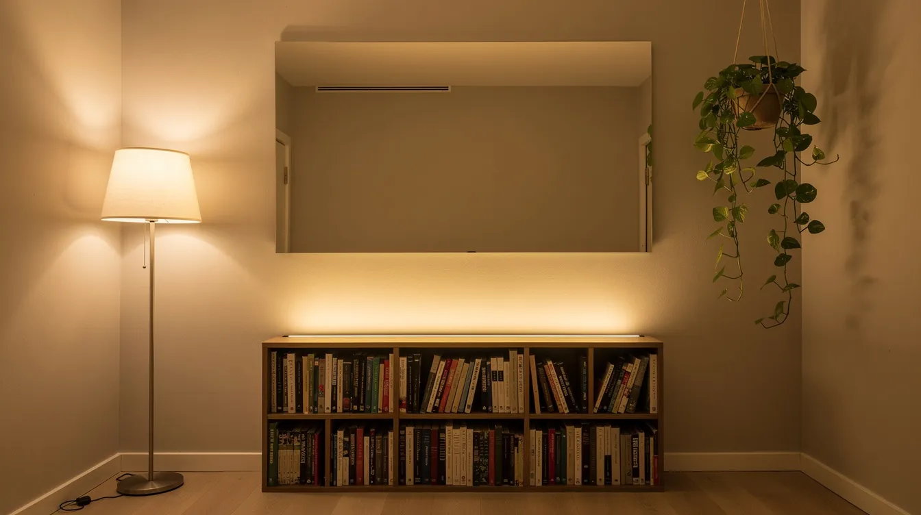 In einem kleinen Raum befindet sich ein großer Spiegel an der Wand, der das warme, indirekte Licht reflektiert, das von einer Stehlampe und hinter einem Bücherregal ausgeht. Eine hängende Pflanze fügt eine natürliche Note hinzu und schafft eine gemütliche Atmosphäre, ideal für eine 1-Zimmer-Wohnung.
