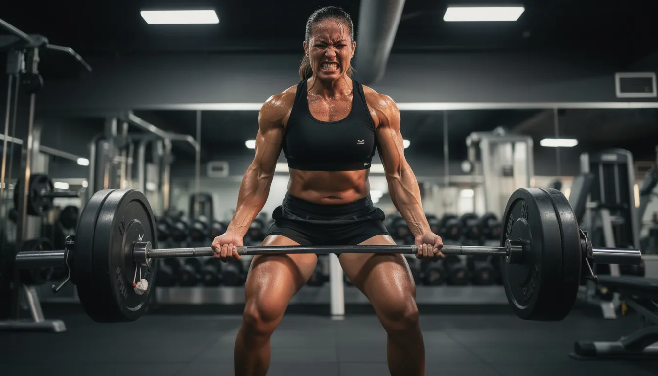 A determined person is lifting weights in a gym, showcasing visible effort as they focus on building muscle strength and mass. This scene emphasizes the importance of resistance training for muscle growth and recovery, highlighting the potential benefits of creatine supplementation for enhanced athletic performance.