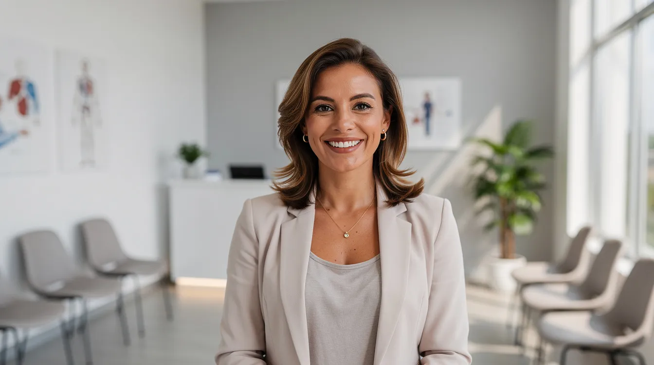 The image features a smiling woman exuding confidence while seated in a bright, modern medical office waiting area, which suggests a welcoming environment for patients considering cosmetic procedures. The setting implies the availability of flexible payment options and financing plans, such as Cherry financing, to help manage treatment costs.