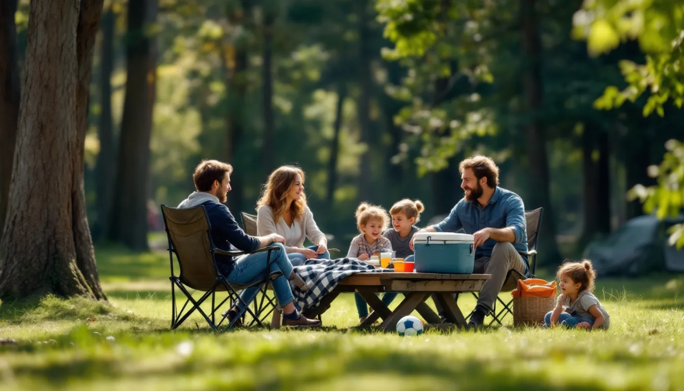 A family is enjoying their camping trip, sitting in camp chairs around a picnic table at a campsite, surrounded by trees and nature. They appear relaxed and happy, making the most of their outdoor adventure with essential camping gear for a comfortable experience.