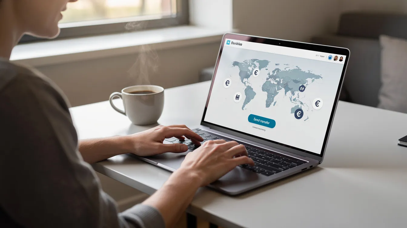 A person is seated at a laptop, engaged in sending an international money transfer with a coffee cup placed nearby, illustrating the convenience of using services like Skrill for global payments. The scene captures the modern approach to managing finances, highlighting the ease of transferring money across currencies.