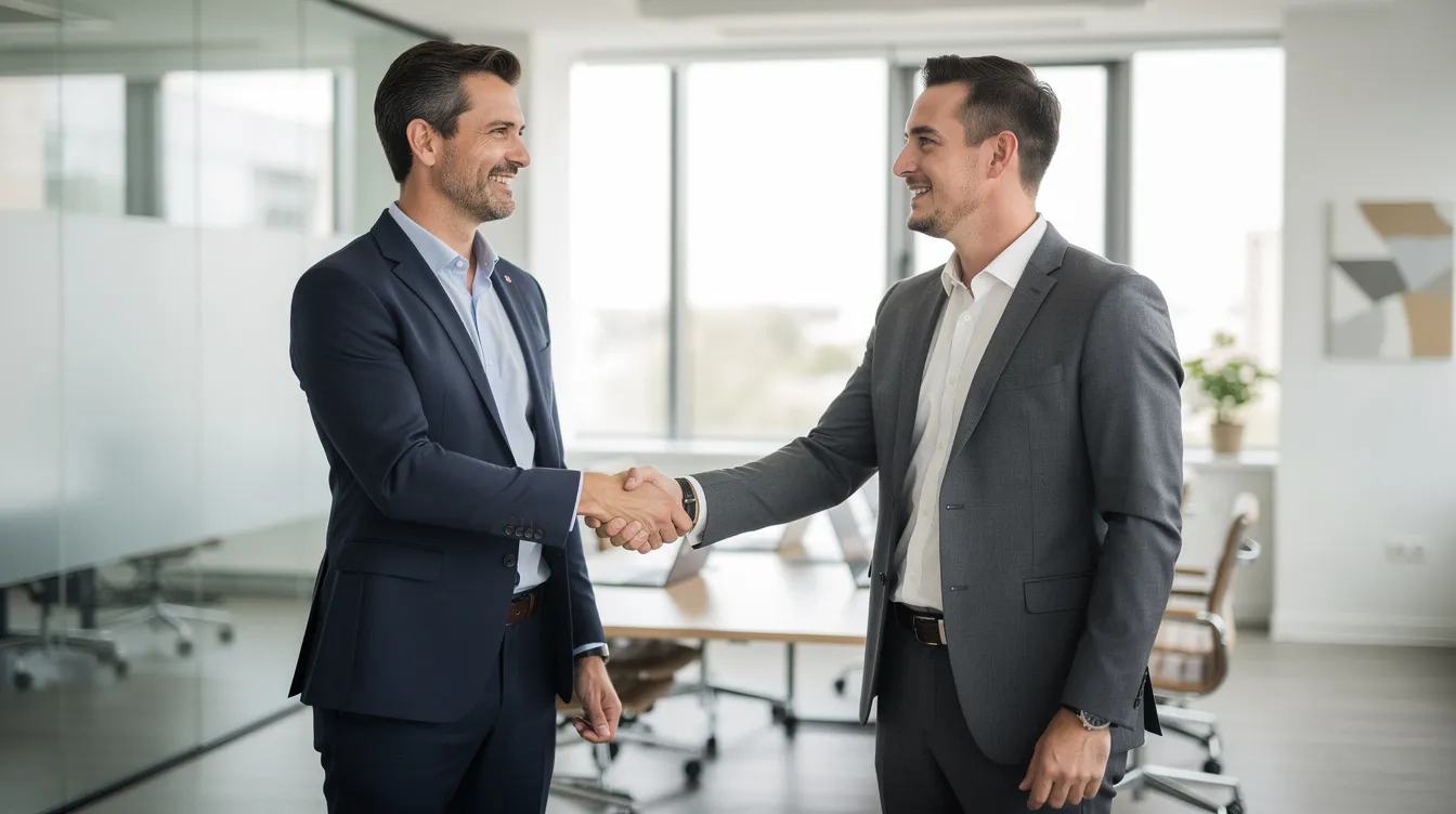 The image shows two professionals shaking hands in a modern office setting, symbolizing a successful business partnership. This moment reflects the importance of collaboration for eligible businesses looking to navigate employee retention credit programs and maximize their tax benefits.