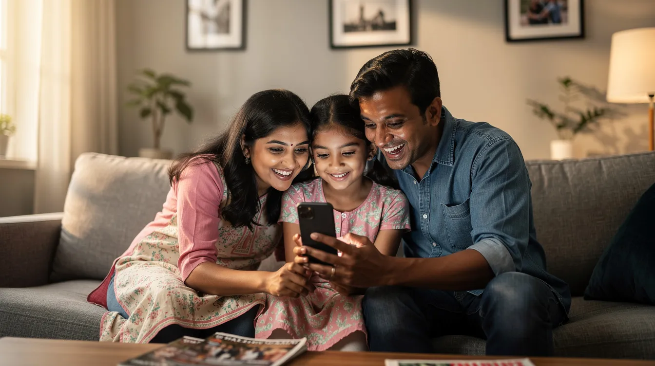 A joyful Indian family is gathered in their living room, smiling and looking at a mobile phone together, possibly discussing money transfers or transactions related to their accounts at Thane Janata Sahakari Bank. The warm atmosphere reflects their happiness as they share information and help each other with financial matters.