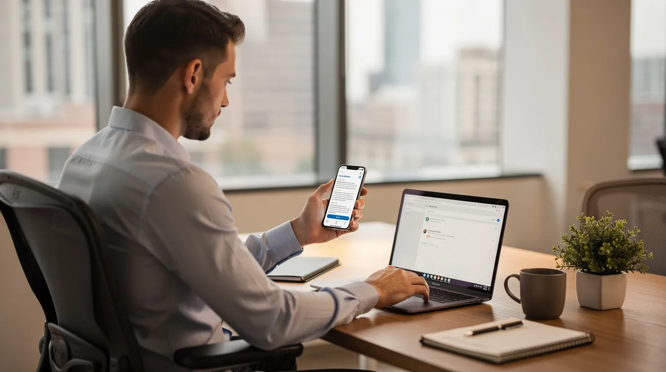 An employee is sitting at their desk, focused on using a smartphone to manage payroll tasks. The image highlights the integration of payroll software solutions in streamlining payroll processes and enhancing employee self-service capabilities in a modern workplace.