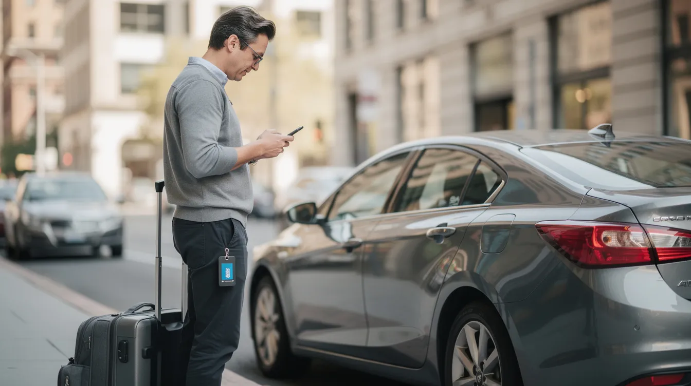 Une personne consulte son téléphone portable à côté d'une voiture de location garée, semblant chercher des informations sur les démarches à suivre en cas de perte des clés de voiture. L'environnement est urbain, avec un sac posé sur le sol à proximité.