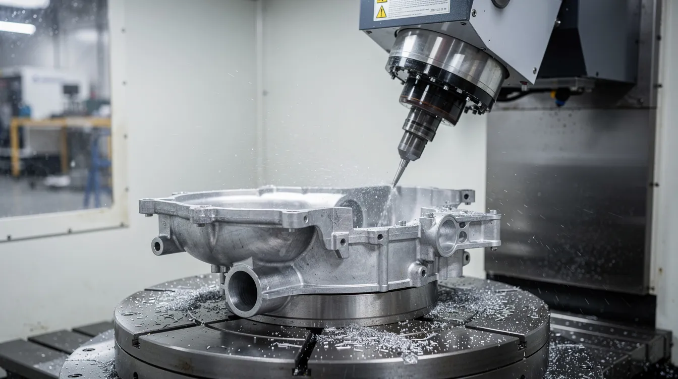 The image depicts a 5-axis CNC machine meticulously finishing a complex aluminum die cast housing, showcasing advanced technology in the die casting process. This high precision operation highlights the importance of tight tolerances and efficient production in delivering high-quality aluminum die cast parts for various applications.