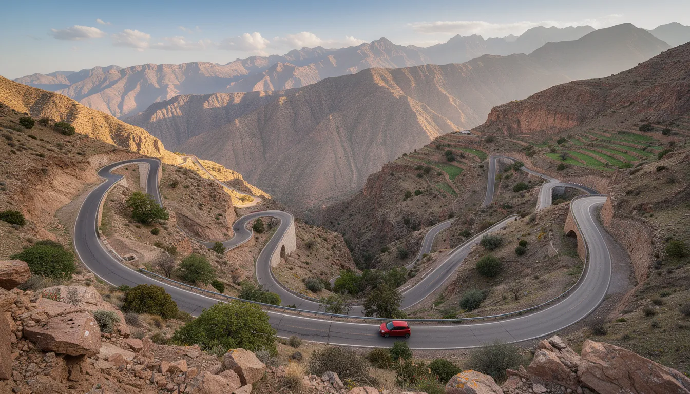 Une voiture compacte circule sur une route sinueuse des montagnes de l'Atlas, entourée de paysages pittoresques typiques du Maroc. Cette scène évoque une expérience de voyage mémorable, idéale pour ceux qui souhaitent louer une voiture et explorer les merveilles naturelles du pays.
