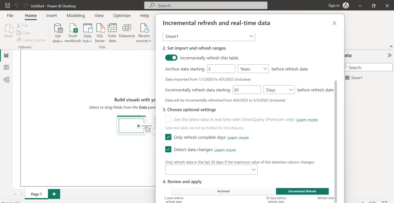 A report showing how to configure Power BI incremental refresh