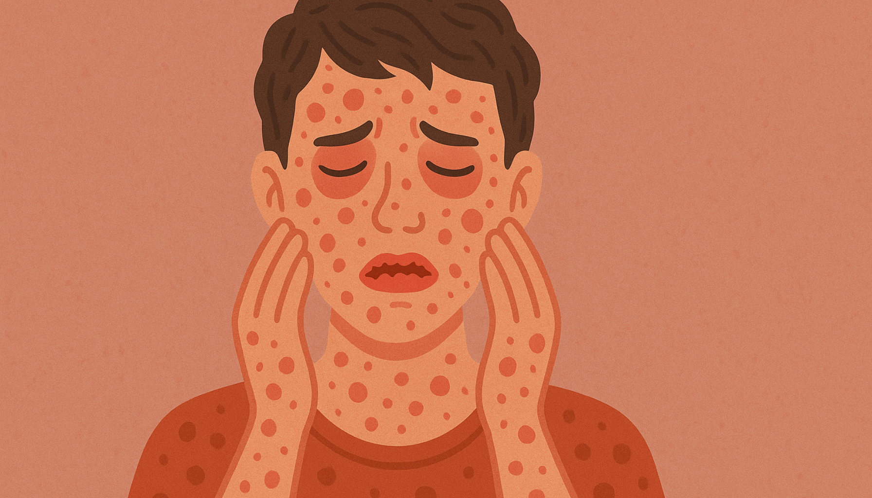 Illustrasjon av person med alvorlig hudreaksjon og blemmer i ansikt og på overkropp som ved Stevens-Johnson syndrom.