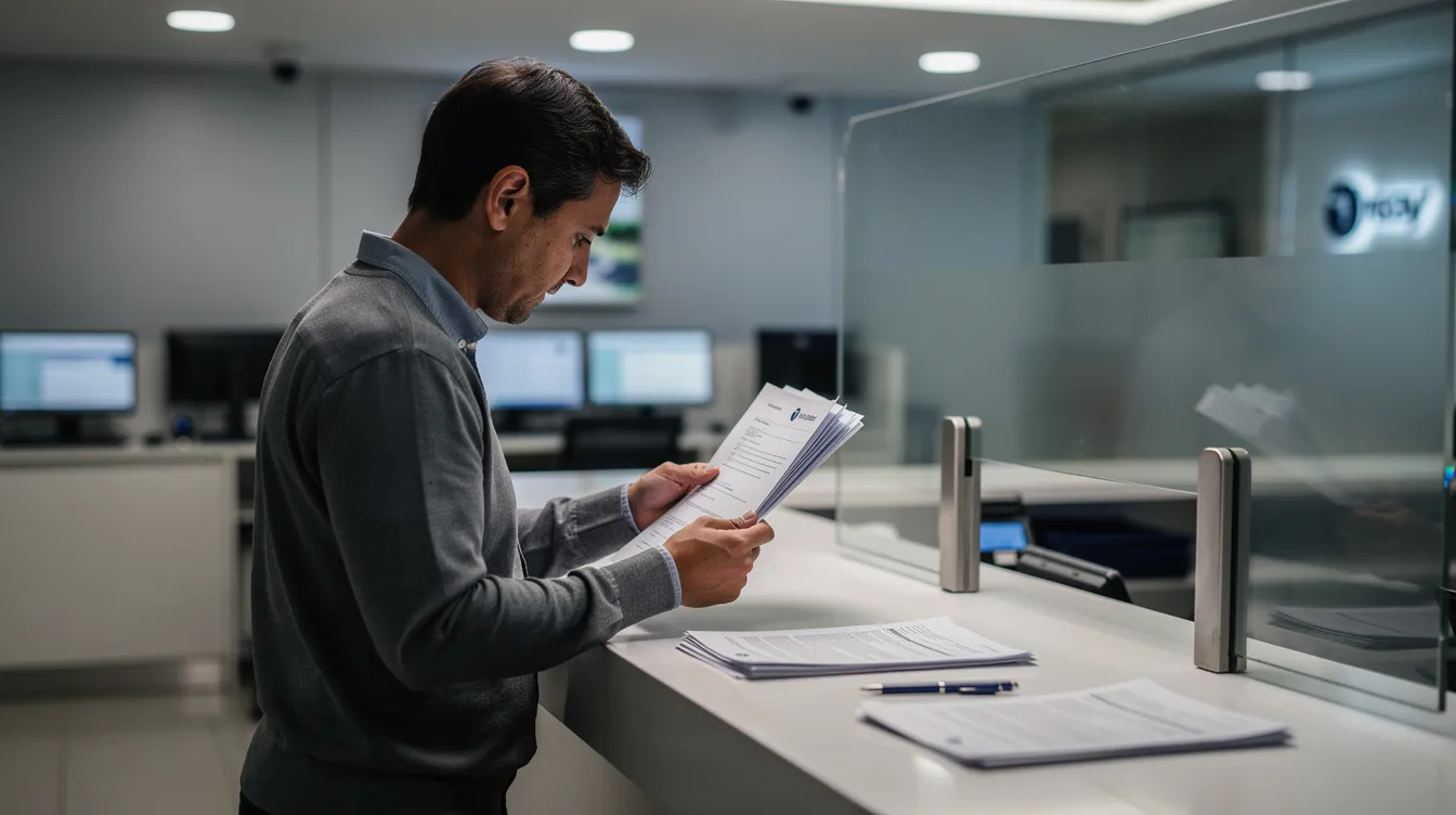 9c85a1e4 efd7 4a99 a85e 21d7e29603f7 An individual is seen carefully examining paper documents at a bank counter, likely reviewing their loan application form for a mudra loan or other financial assistance. The setting suggests a focus on business operations, as the person prepares to discuss funding options for small and micro enterprises.