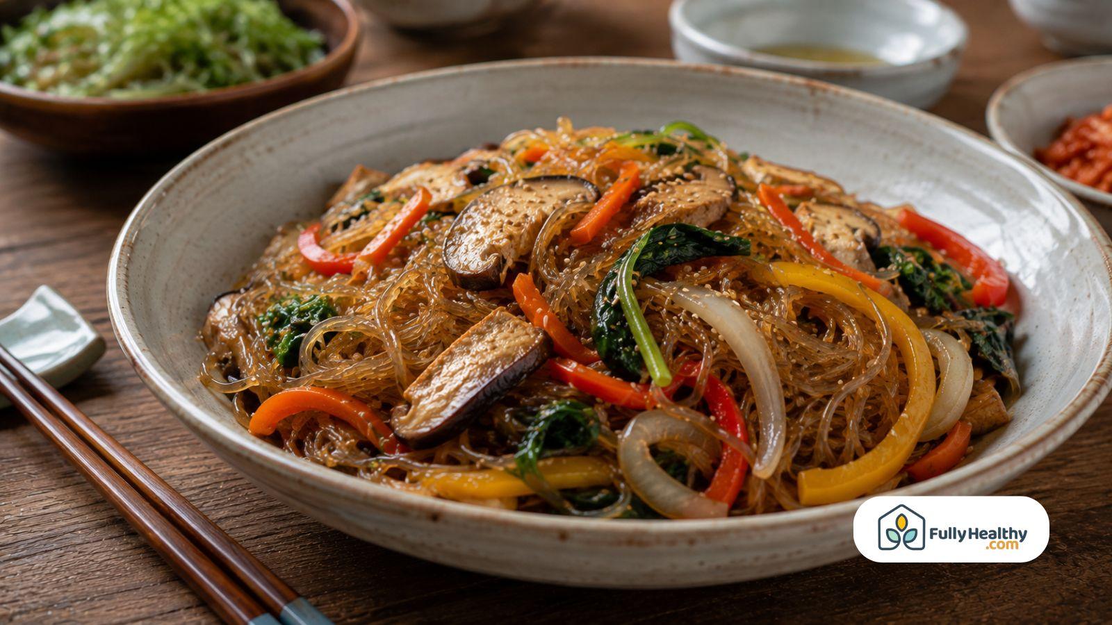 Cooked glass noodles with colorful vegetables tofu and savory sauce
