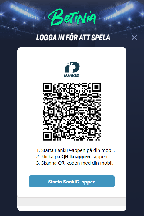 Inloggning hos Betinia via BankID och QR-kod.