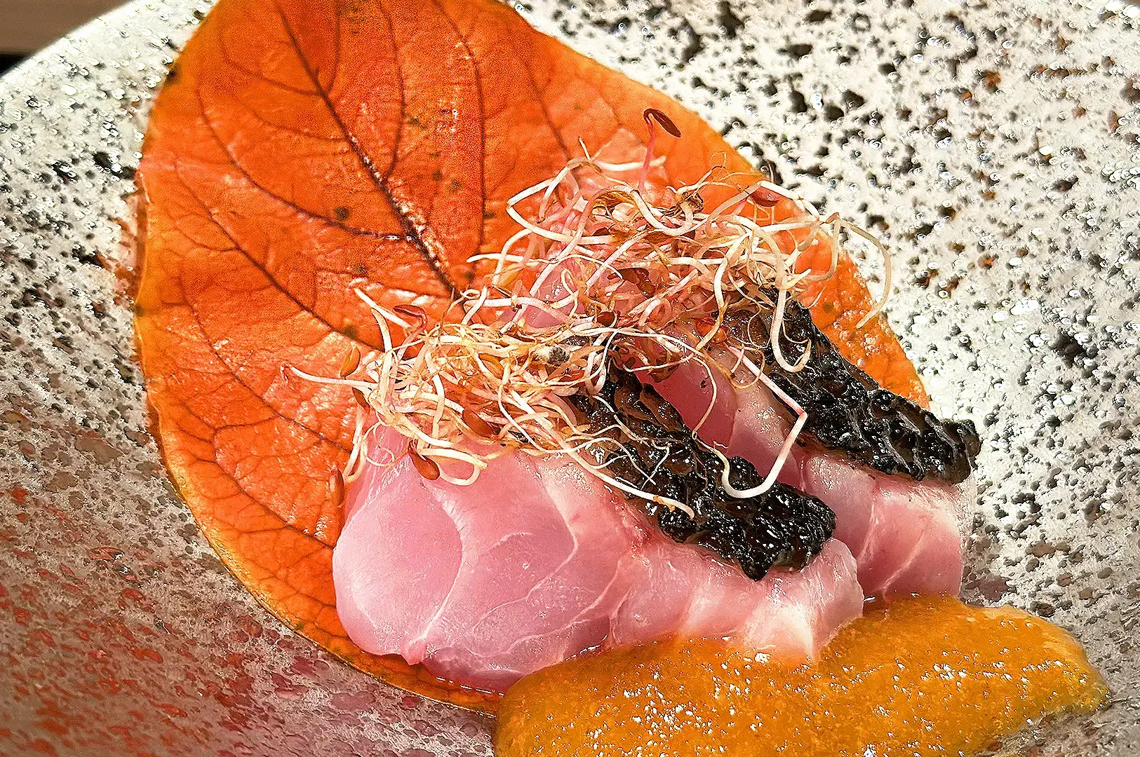 Japanese omakase Singapore dish featuring premium sashimi with fresh pink fish, salmon and seaweed garnish