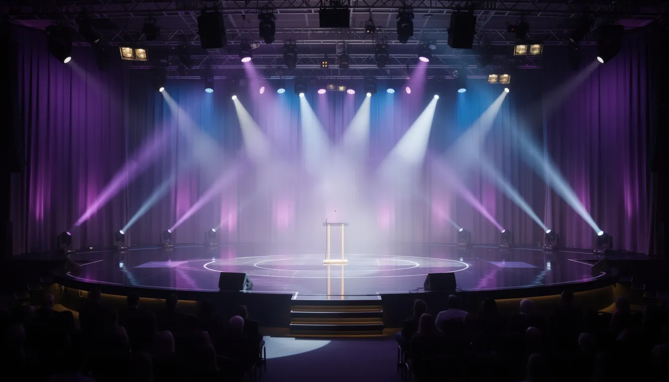The image depicts a dramatic lighting setup at an awards ceremony, featuring vibrant purple and blue washes that create an elegant atmosphere. This audiovisual production exemplifies the innovative use of lighting technology to enhance the event experience for attendees.