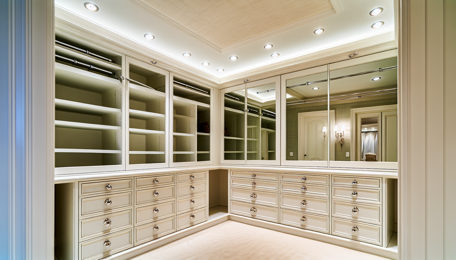 Elegant white cabinets in a luxury women's walk in closet