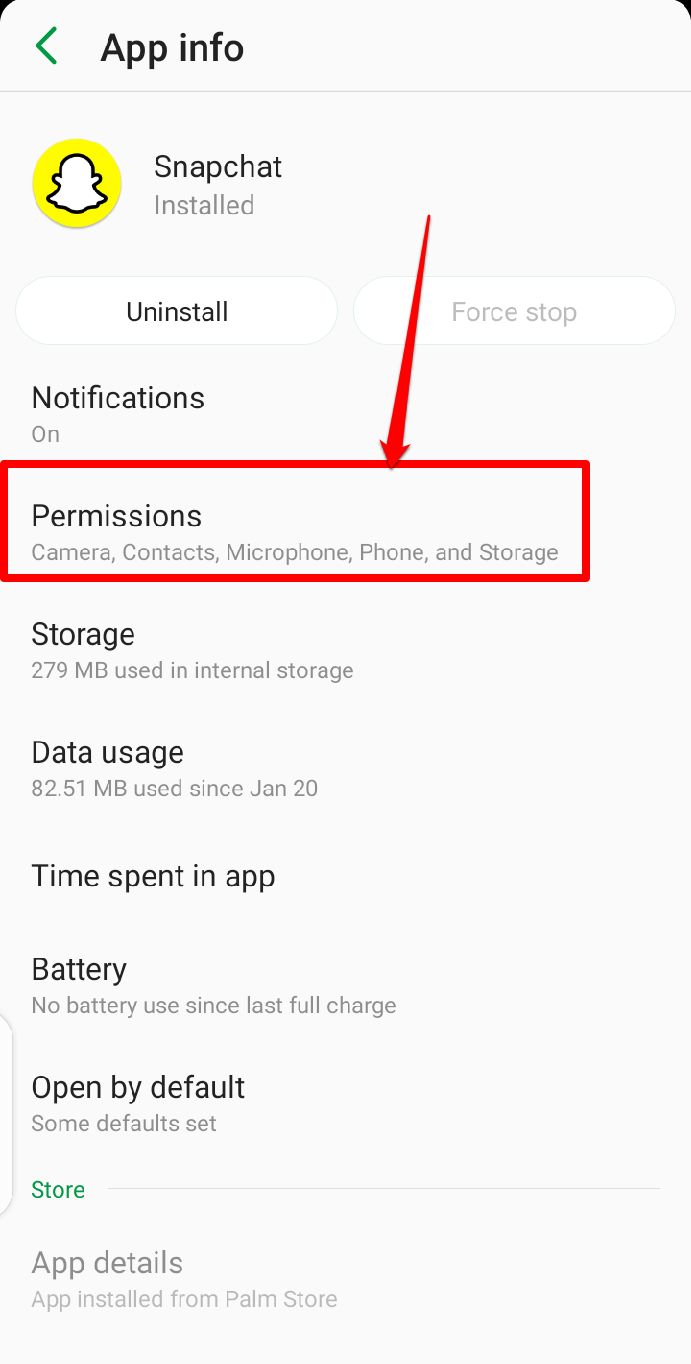 Image showing snapchat permission on a device settings