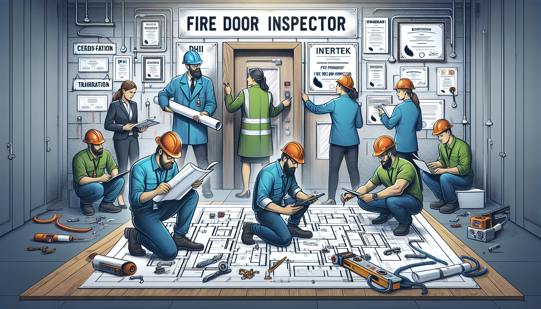 Illustration of professional fire door inspectors