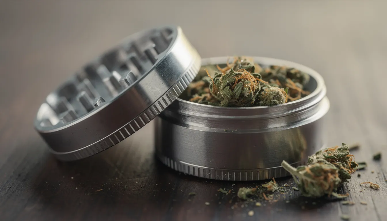 Das Bild zeigt einen geöffneten Metallgrinder, in dem gemahlenes Cannabis sichtbar ist. Diese Szene ist ideal für alle, die beim Joint drehen Schritt für Schritt lernen möchten und Tipps für die richtige Technik suchen.