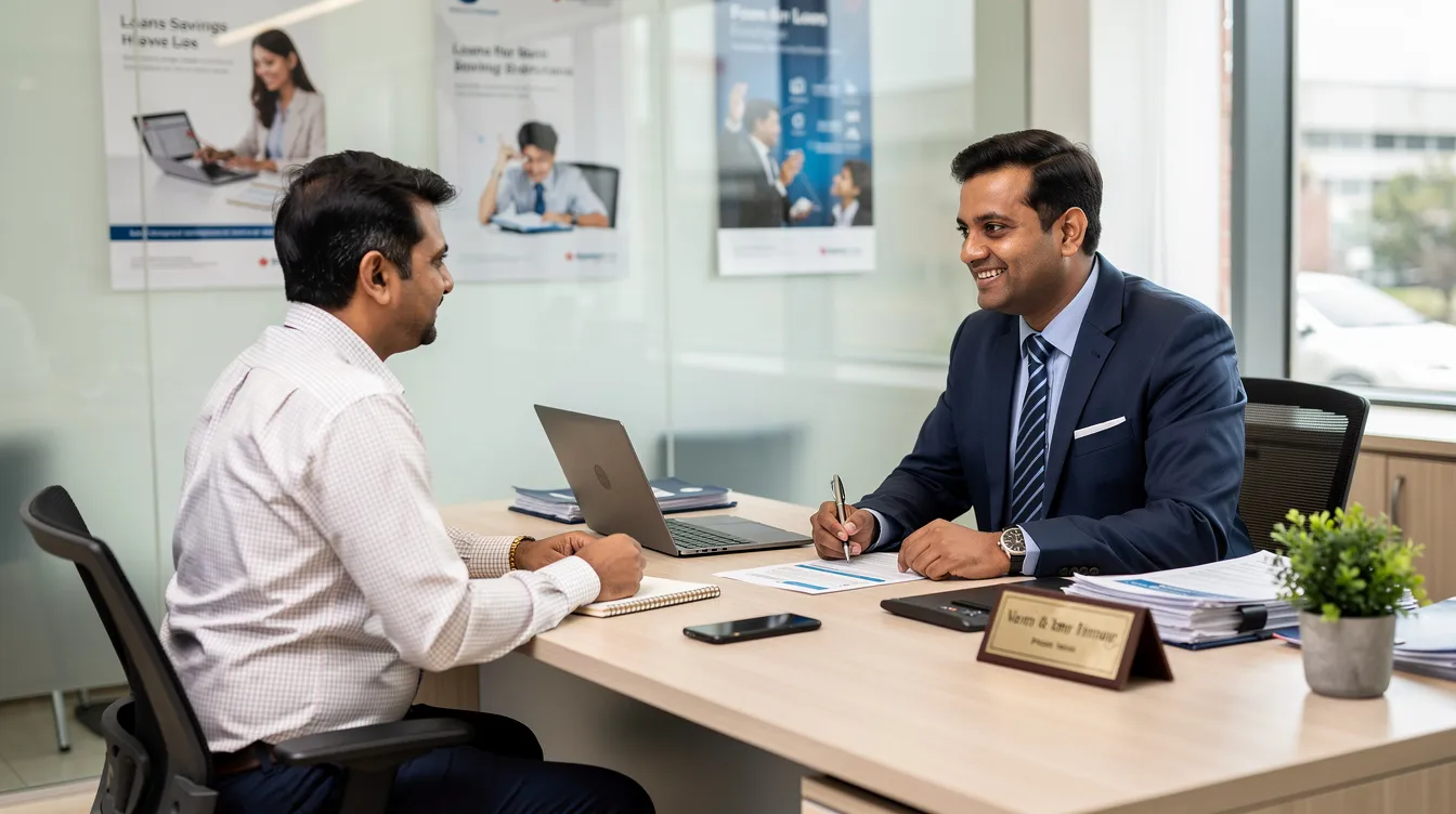 9c8d390b 8d29 4a52 8b57 90d469955703 An Indian bank manager is engaged in a friendly conversation with a small business owner across a desk, discussing financial assistance options such as mudra loans for micro enterprises. The interaction highlights the importance of a satisfactory credit track record and the potential for funding to support the owner's business growth.