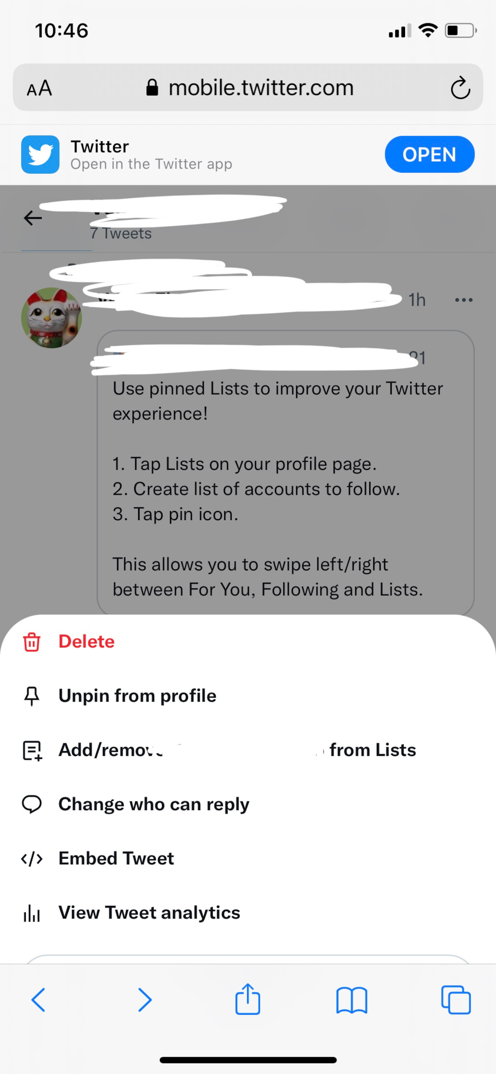 Screenshot to pin anytweet menu