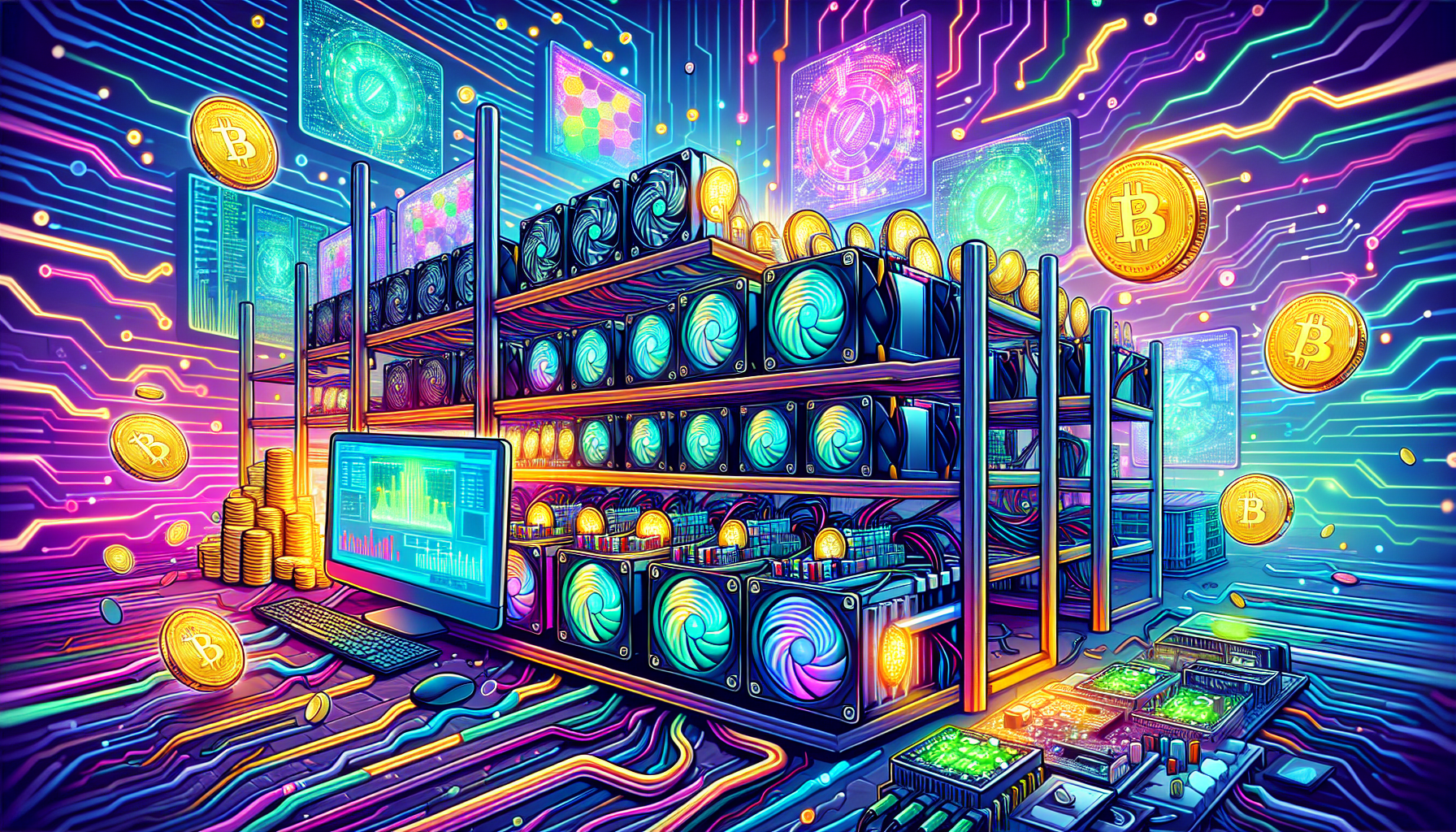 An illustration of various mining equipment and software needed to mine cryptocurrency.