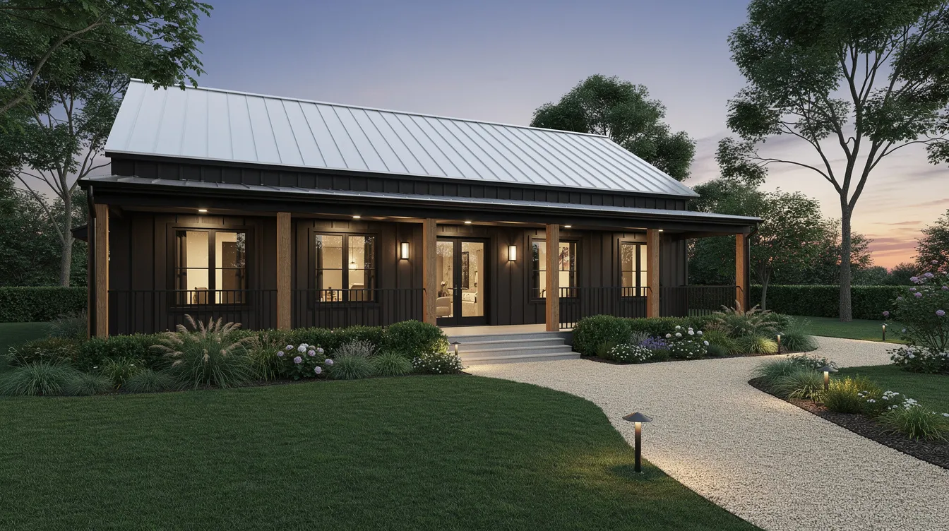 The image showcases a stunning black modern farmhouse exterior, featuring lush green landscaping and pale gravel pathways, illuminated by warm porch lighting at dusk. This design combines rustic charm with modern functionality, highlighted by its gabled roofs and expansive windows, creating an inviting outdoor living space.