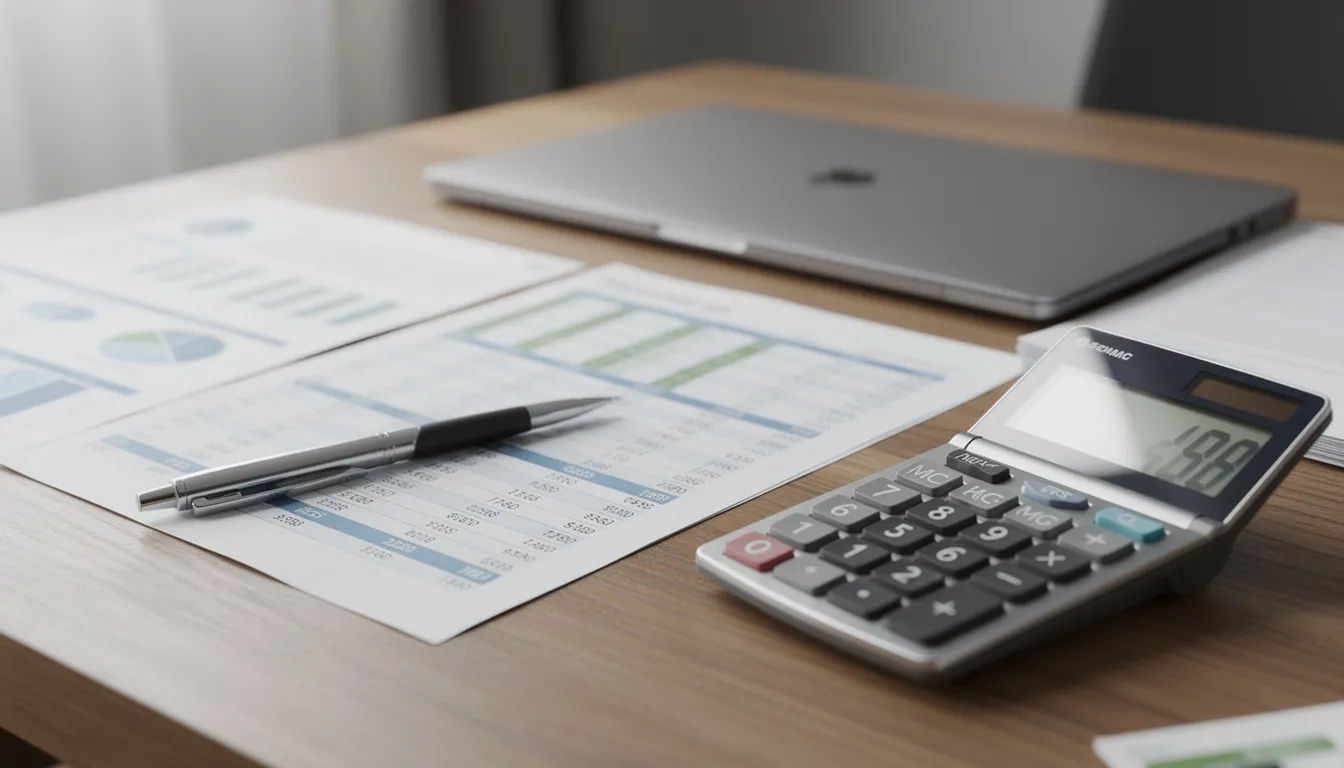 The image depicts a calculator alongside various financial planning documents on a wooden desk, emphasizing the importance of retirement plans such as defined contribution plans and defined benefit plans for future financial security. These documents may include details about employee contributions, investment gains, and retirement income strategies.