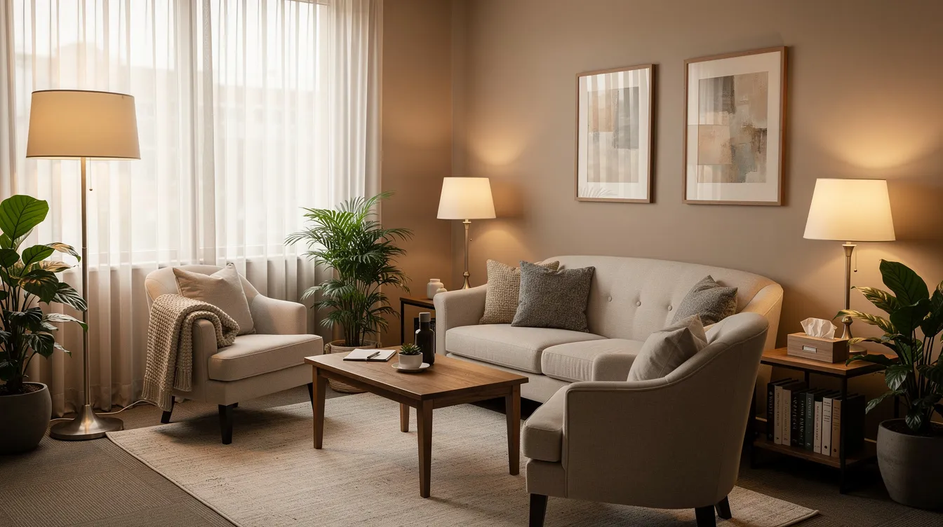The image depicts a cozy outpatient therapy room, featuring warm lighting and inviting chairs, creating a welcoming atmosphere for individuals seeking support for issues related to alcohol use and mental health. This comfortable space is designed to foster discussions about alcohol consumption and its associated health risks, particularly for older adults.