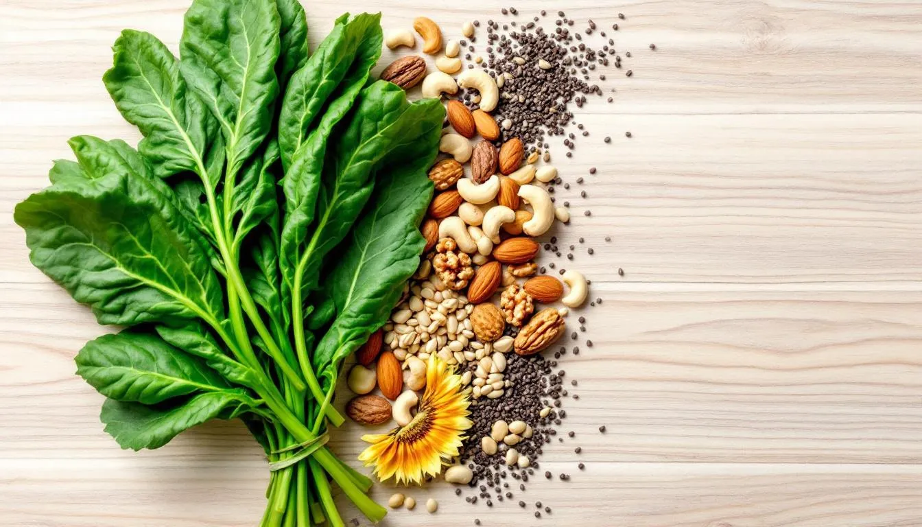 The image features a vibrant arrangement of magnesium-rich foods, including leafy greens, nuts, and seeds, which are known to support nerve and muscle function. These foods can play a crucial role in managing restless legs syndrome and improving sleep quality.