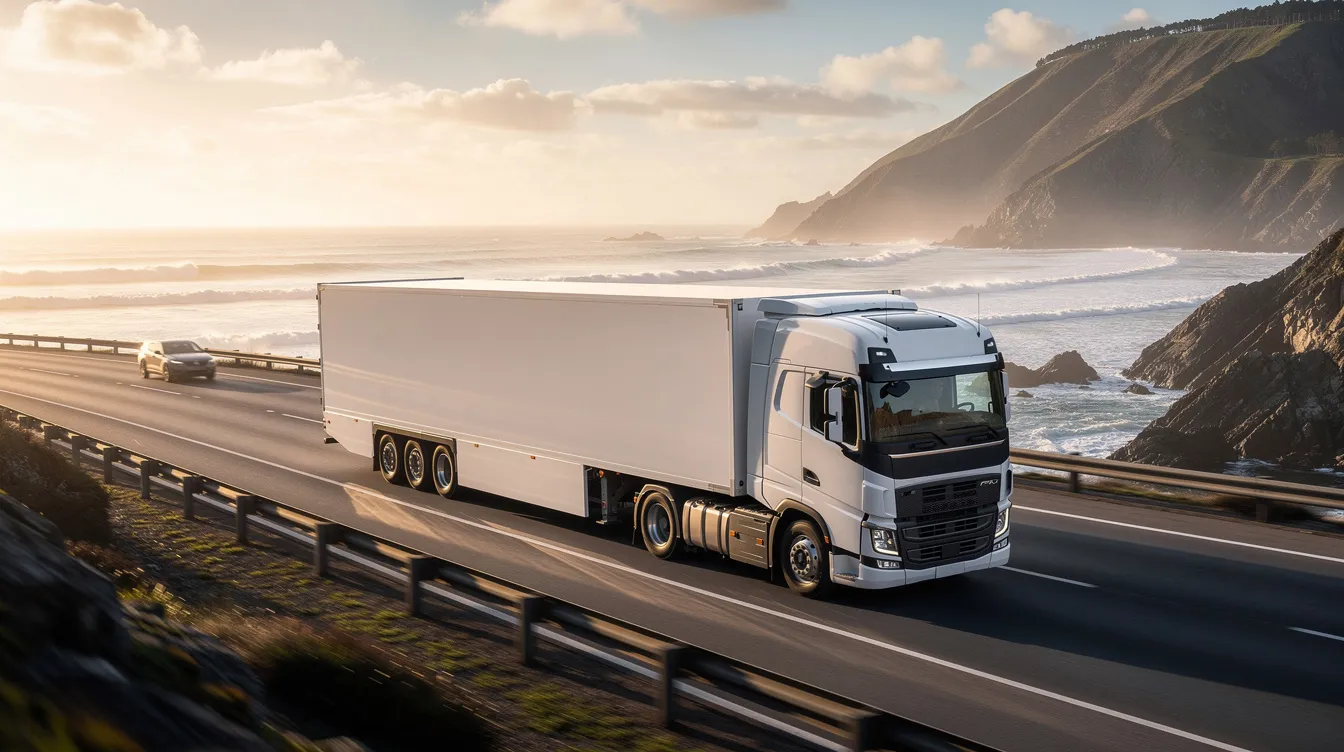 An enclosed auto carrier truck is seen driving along a scenic coastal highway, with the ocean waves crashing against the shore in the background. This image represents the reliable and safe transport of vehicles, highlighting the essential services of Hawaii car shipping for those looking to ship their cars to Hawaii.