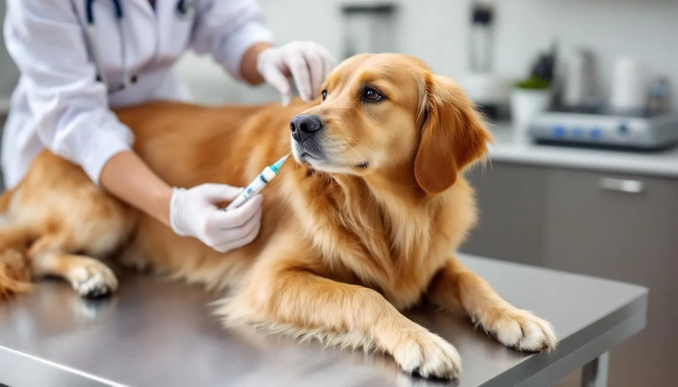 A veterinarian is shown carefully administering medication to a golden retriever, highlighting the treatment process for canine ehrlichiosis, a bacterial infection primarily caused by Ehrlichia canis, which affects the dog