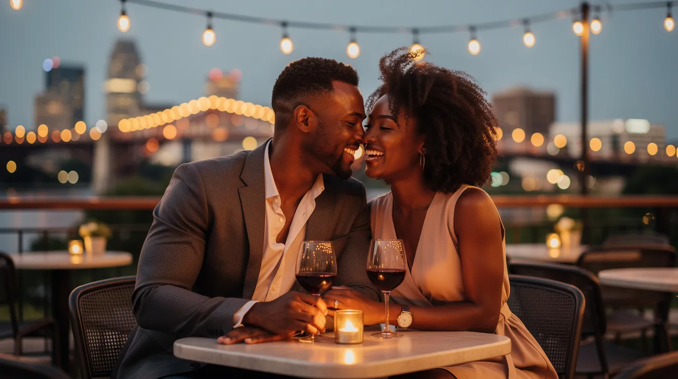A romantic black couple enjoys a date night by Lady Bird Lake in Austin, TX, surrounded by twinkle lights and the sounds of live music. They are seated at an outdoor restaurant, sharing small plates and wine, creating a perfect atmosphere for their special occasion.