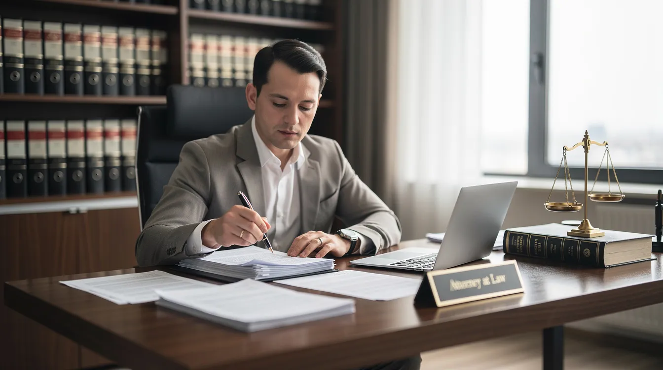 A professional attorney is seated at a desk, meticulously reviewing legal documents related to DUI cases. The setting conveys a serious atmosphere, reflecting the complexities of Tennessee's implied consent laws and the potential consequences of DUI charges.