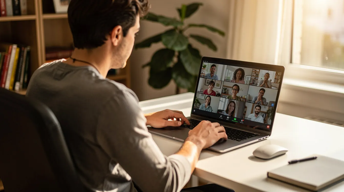 An individual is seated at a home desk, engaged in a video conference call on a laptop, likely discussing legal services related to bankruptcy cases. The setting suggests a professional atmosphere, where the person may be advising clients on the bankruptcy process or providing information about filing a bankruptcy petition.