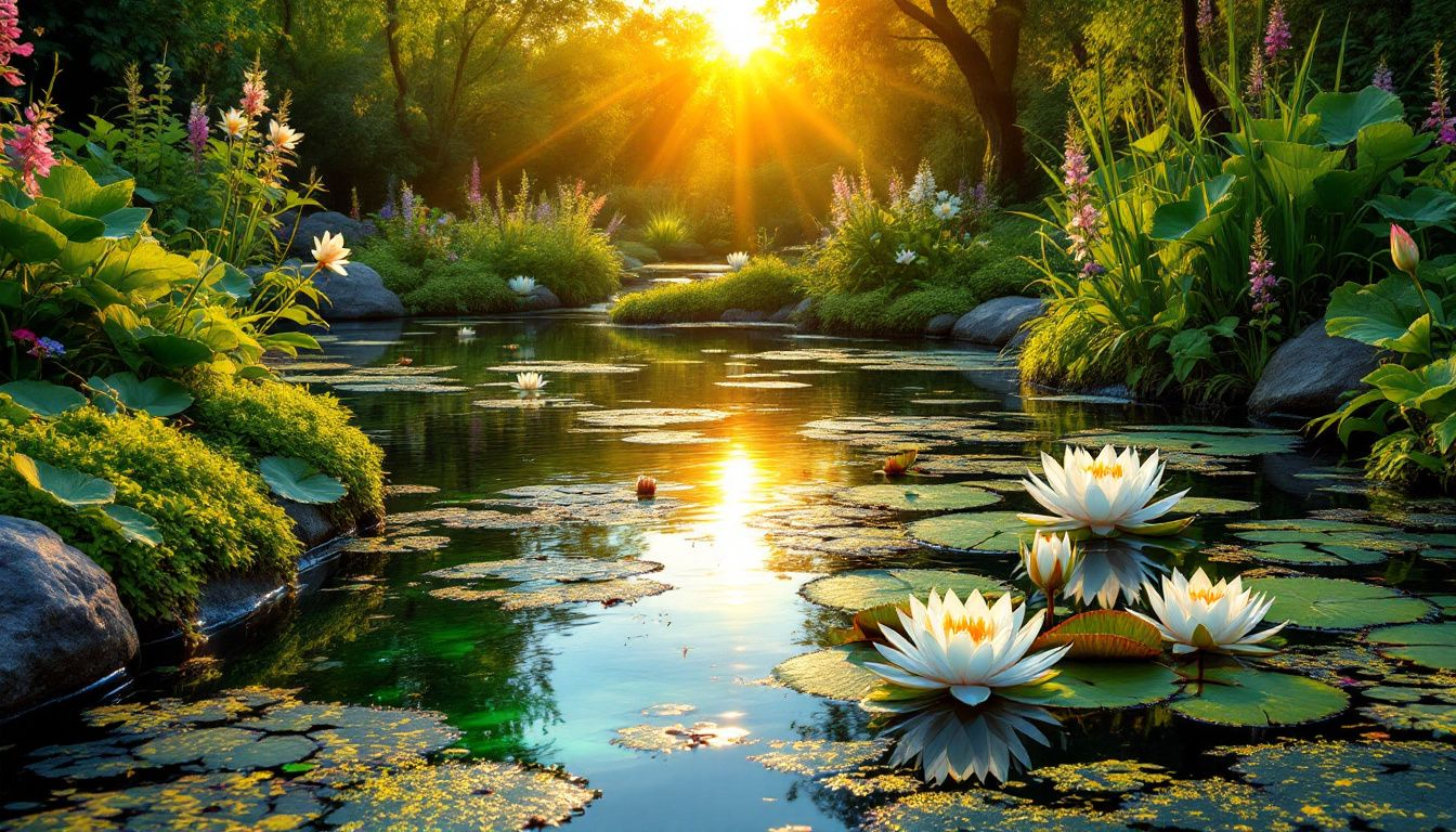 A summer garden pond with visible algae growth and aquatic plants thriving in warm weather.