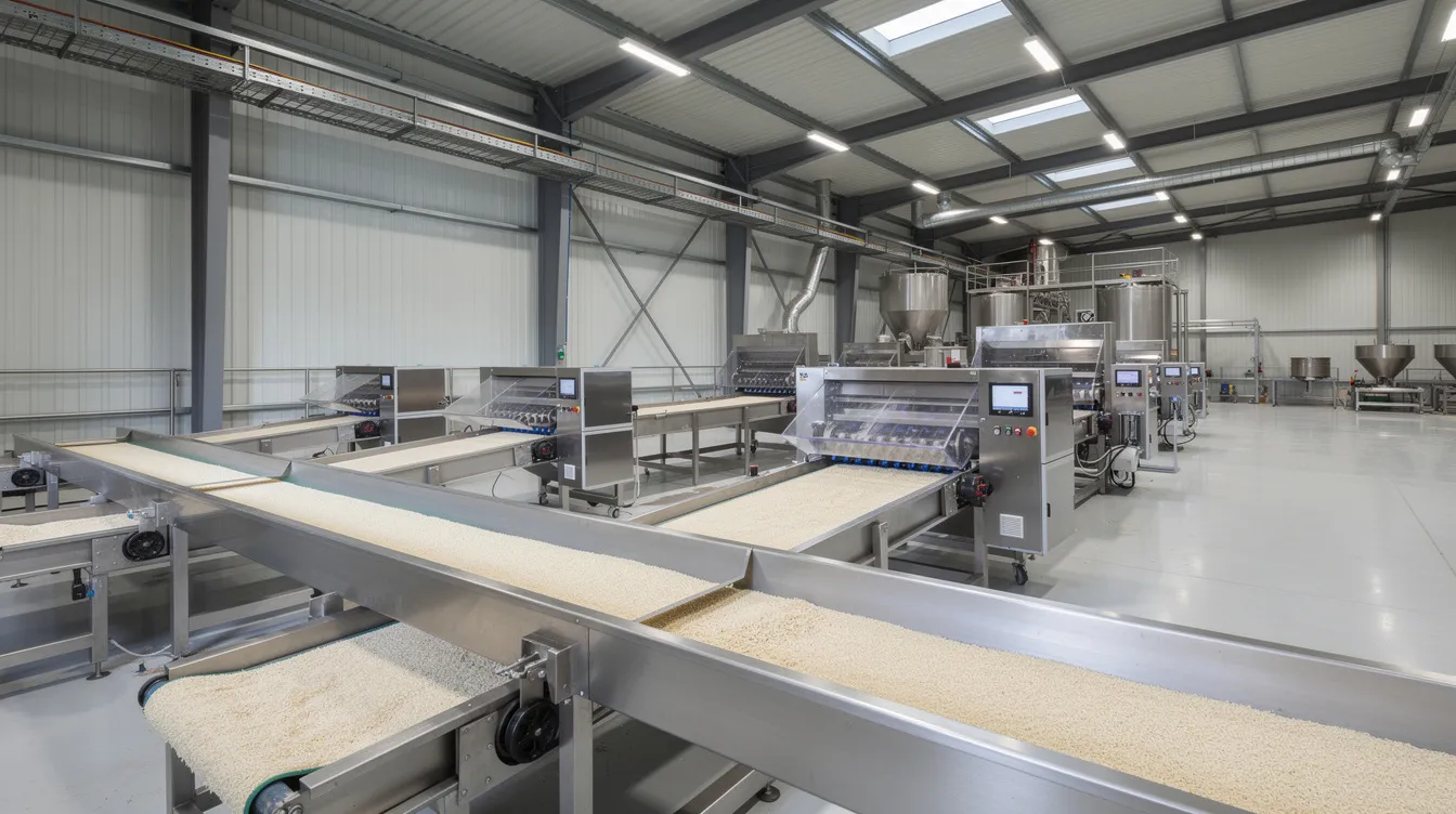 The image depicts a modern automated rice processing line within a spacious industrial warehouse, featuring advanced machinery such as conveyors and sorting machines designed for efficient rice milling. This setup highlights the operational efficiency of the rice processing plant, aimed at producing high-quality rice while managing costs effectively.