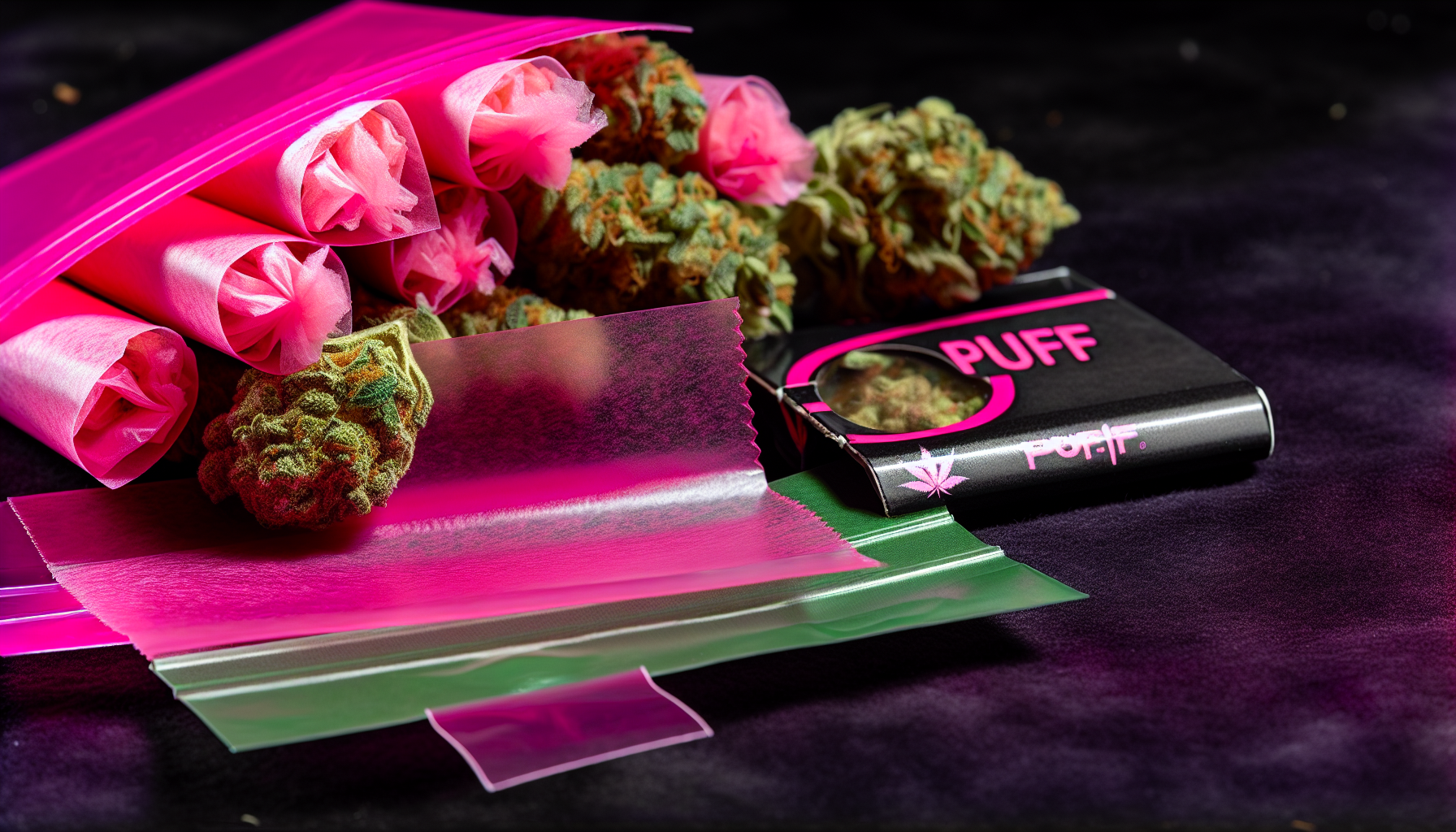 A pack of pink rolling papers and cones with cannabis buds