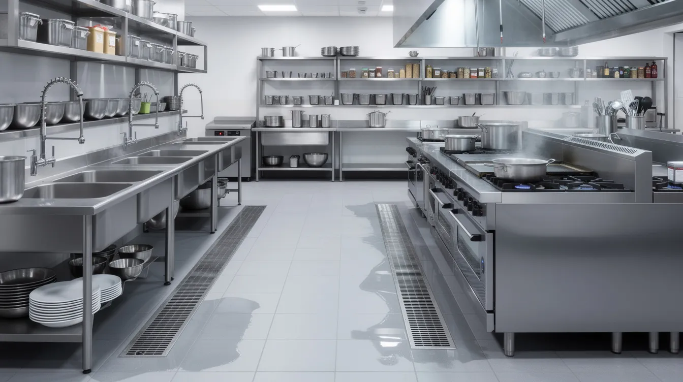 The image shows a commercial kitchen equipped with stainless steel sinks and floor drains positioned near various cooking stations, highlighting the essential plumbing system for effective drainage. These areas are crucial for maintaining cleanliness and preventing clogged drains, making professional drain cleaning services vital for optimal kitchen operations.
