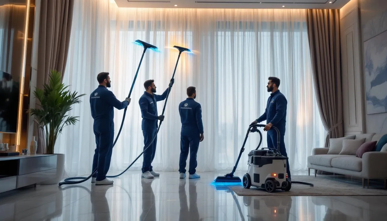 A professional team providing curtain cleaning services in Dubai.