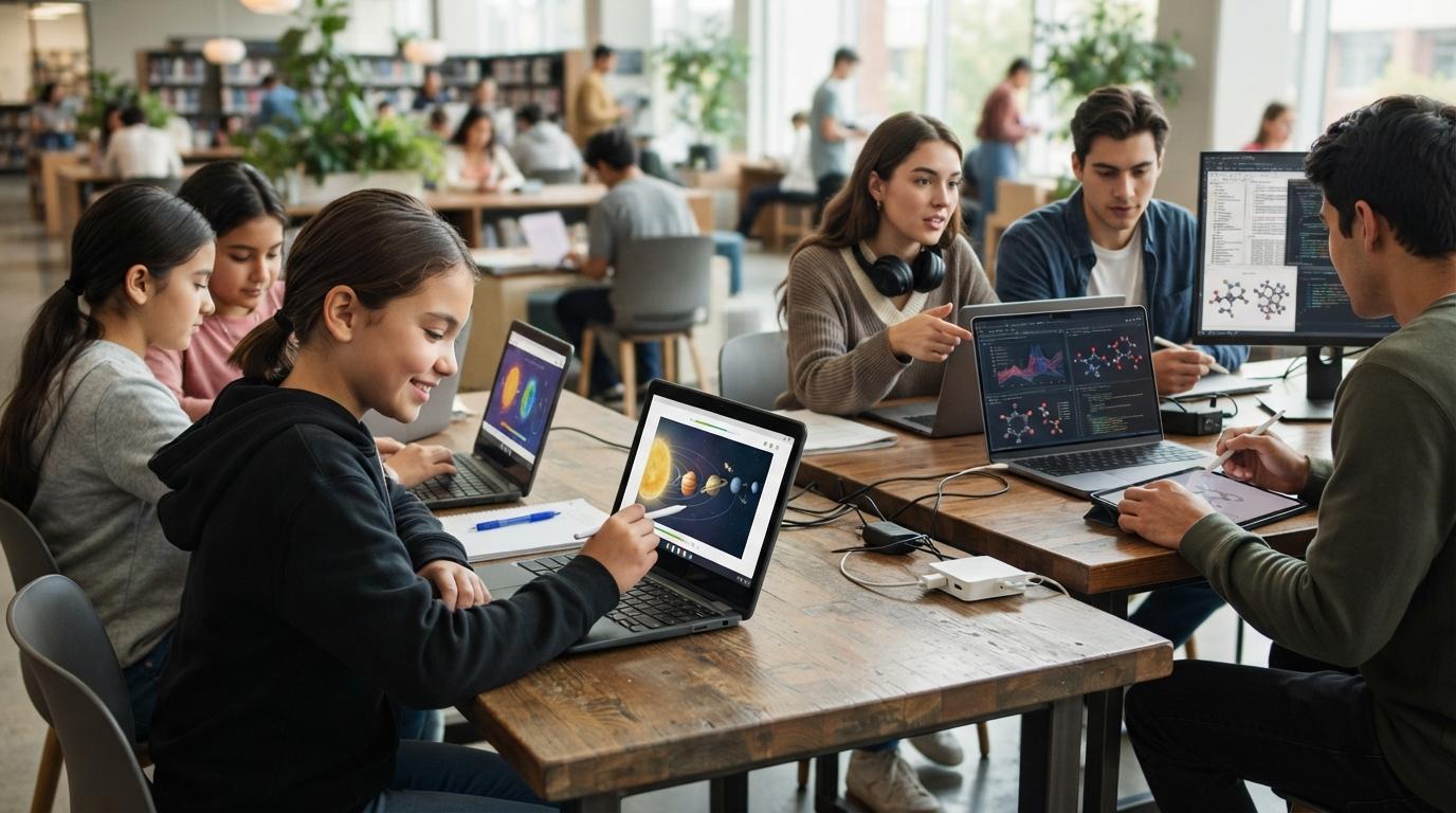 Photorealistic education technology scene showing a K-12 student progressing through personalized digital lessons while college students use AI-assisted learning during coursework.