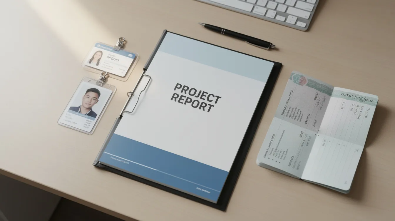 9ca0e021 e914 4207 aa70 0f55fbfe2290 The image shows an organized desk with neatly arranged documents, including ID cards, a bank passbook, and a project report folder, which may be relevant for individuals applying for mudra loans to support their micro and small enterprises. This setup signifies the importance of having all necessary paperwork ready for loan processing and eligibility verification.