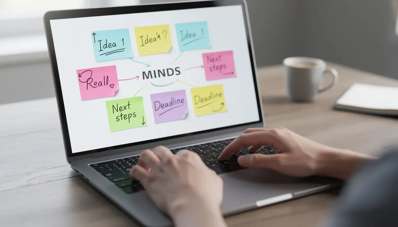 The image depicts a laptop screen displaying a vibrant digital whiteboard filled with colorful sticky notes and connecting lines, while hands are actively typing on the keyboard, illustrating a collaborative workspace where ideas are organized and expanded. This setup is suitable for meetings, teaching, or project planning in an office or classroom environment.