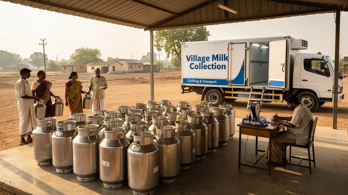 9ca17273 8c5b 428d ade0 ca2e180b30e9 The image depicts a rural milk collection centre in an Indian village, featuring stainless steel containers for milk storage and a refrigerated transport vehicle nearby. This setting highlights the importance of dairy production and milk processing facilities in supporting local dairy farms and ensuring the quality of milk collected from milch animals.