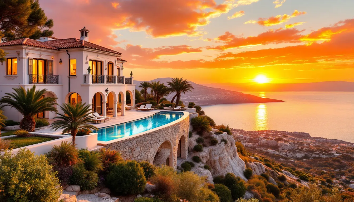 A luxurious villa with a private pool and stunning sunset views in Paphos.