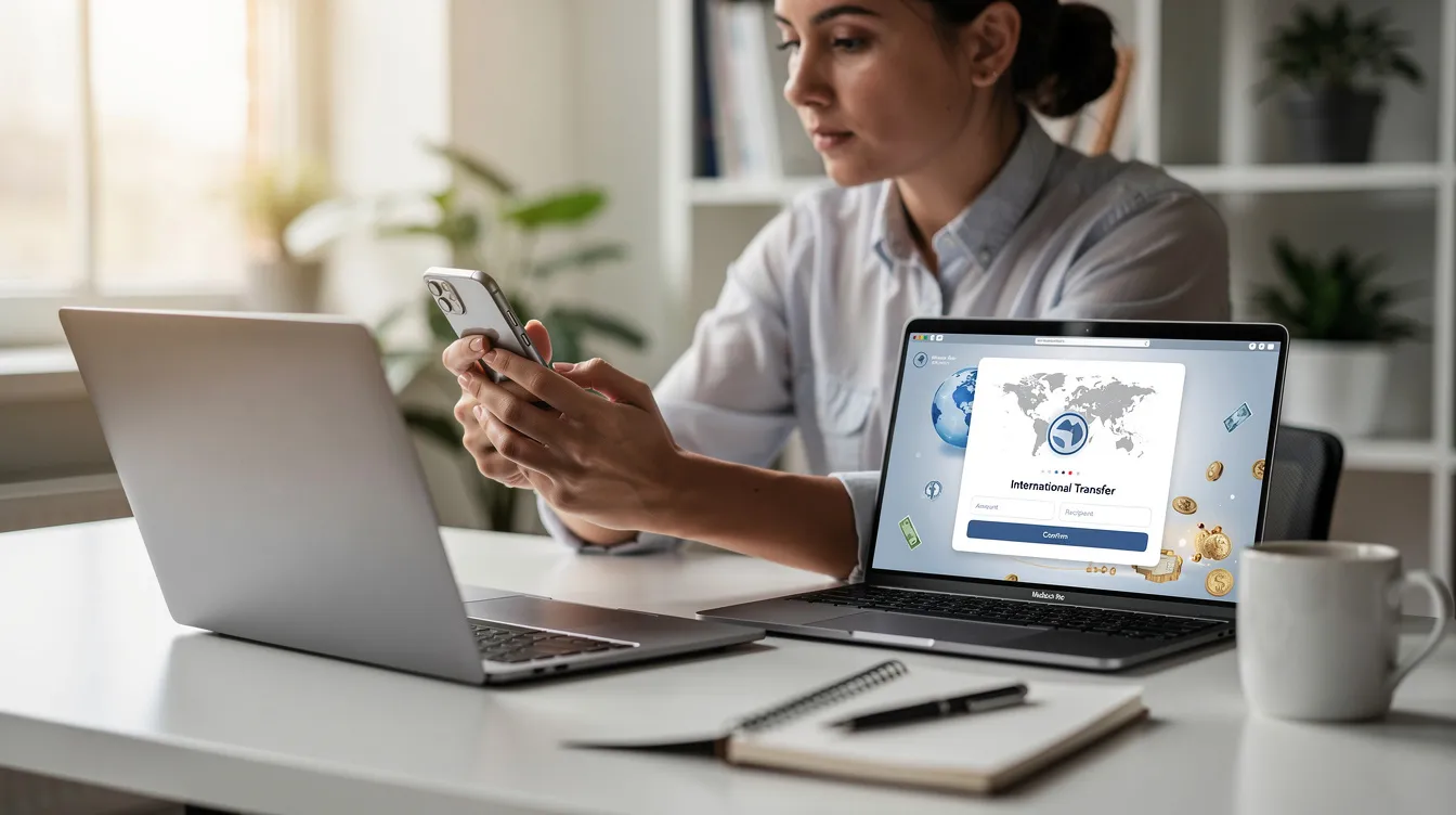 A person is sitting at a desk, focused on their smartphone as they initiate an international money transfer to Pakistan, using their Bank Alfalah account. The image captures the simplicity of sending money directly to loved ones abroad, highlighting a modern and secure approach to managing finances through internet banking.