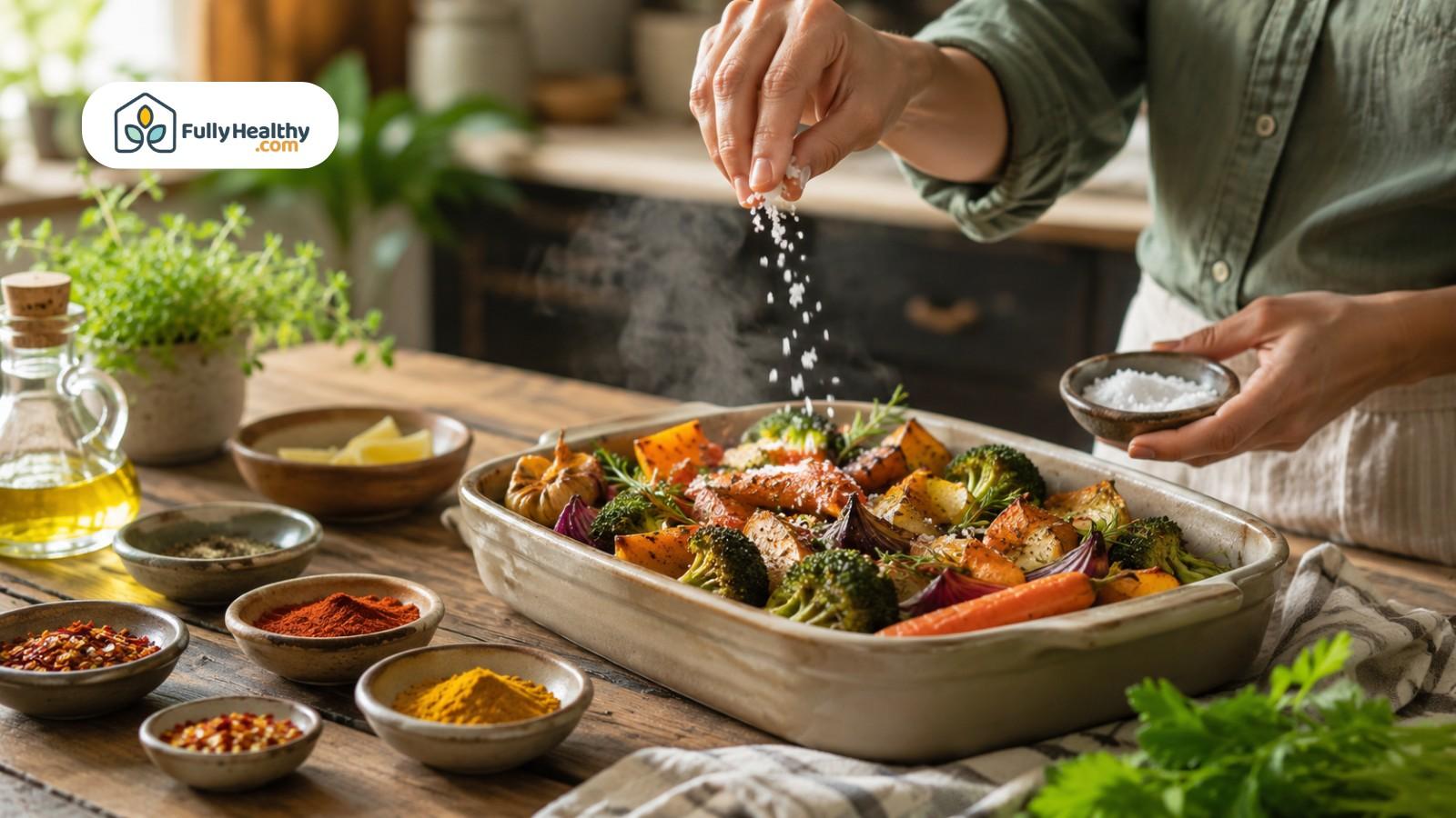 Hand sprinkling salt over roasted vegetables with colorful spices arranged nearby