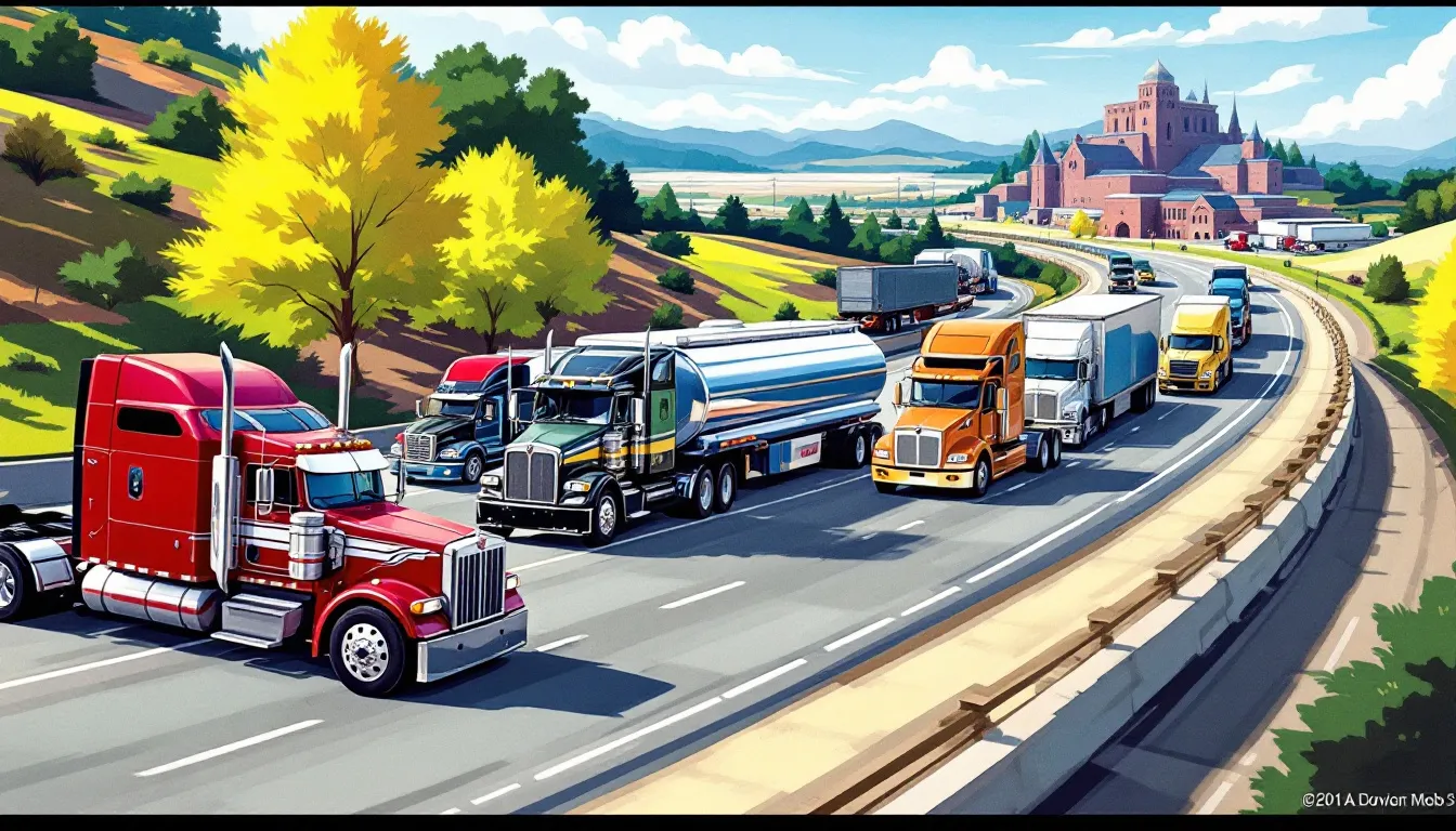 An overview of Alabama's trucking industry including various trucks on the road.